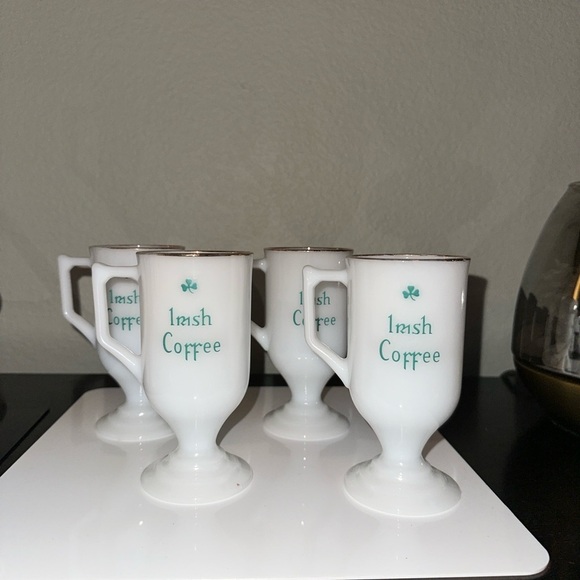 Milk Glass white tall mug with gold trim. Coffee Mugs Set (4) - Picture 2 of 8